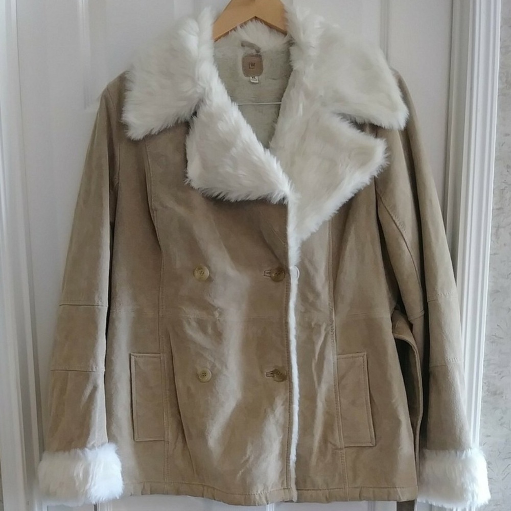 Wilsons Leather Beige Suede Pea Coat with White Faux Fur